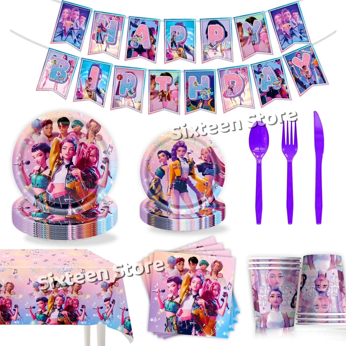 Demones Hunt Cartoon Anime Party Supplies Cutlery Set with Warrior Banner Plate Cake Topper K--Pop Cup for Birthday Party supply