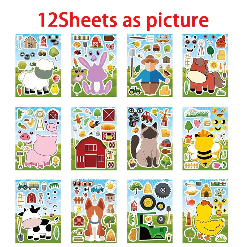 Farm Animal Make a Face Sticker Sheets for Kids Todders Activities Cute Cartoon Puzzle Stickers Birthday Party Favor Crafts Toys