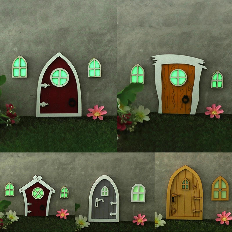 1set Dollhouse Miniature Wooden Elf Door Fairy Gnome Window Door Model Doorknob Doll House Garden Decoration Toy Accessories
