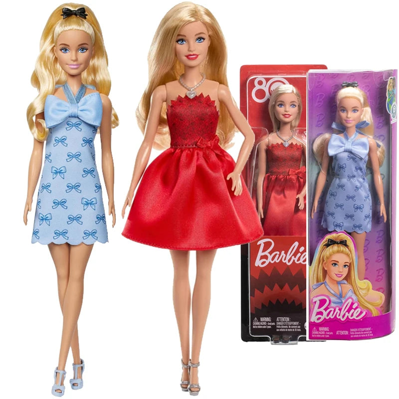 Original Barbie Dolls 80th Anniversary Red Celebration Blonde Fashionistas Blue Bow Dress Shoes Necklace Girls Toys Accessories