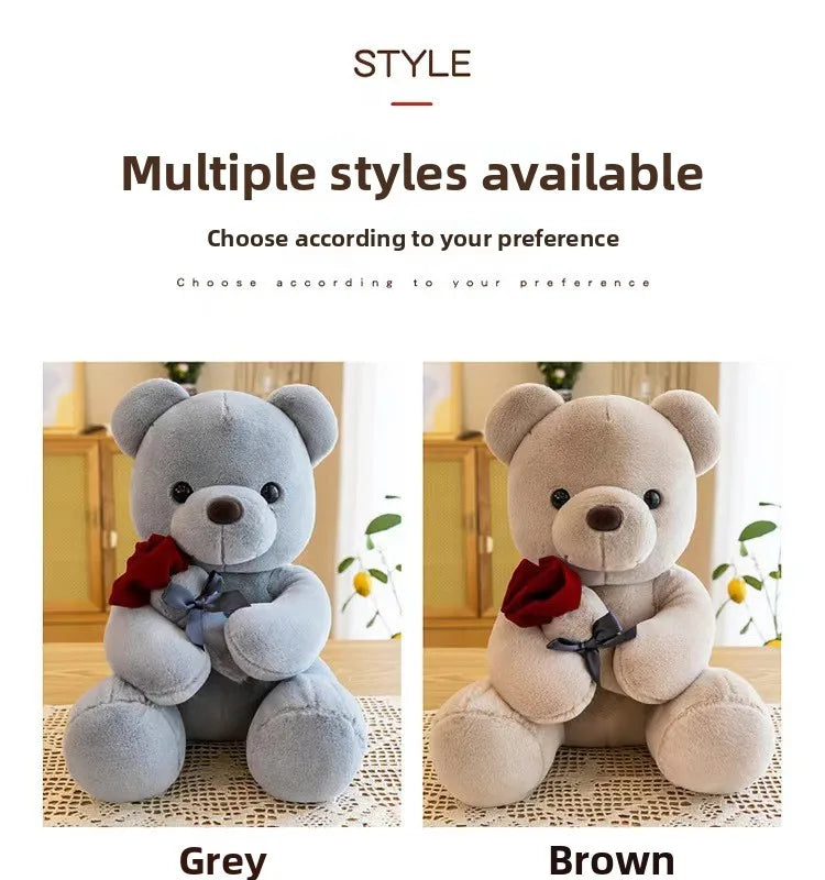 Cute Rose Bear Plush Toy Stuffed Animal Doll Romantic Gift for Girlfriend Valentines Day Birthday Anniversary Present
