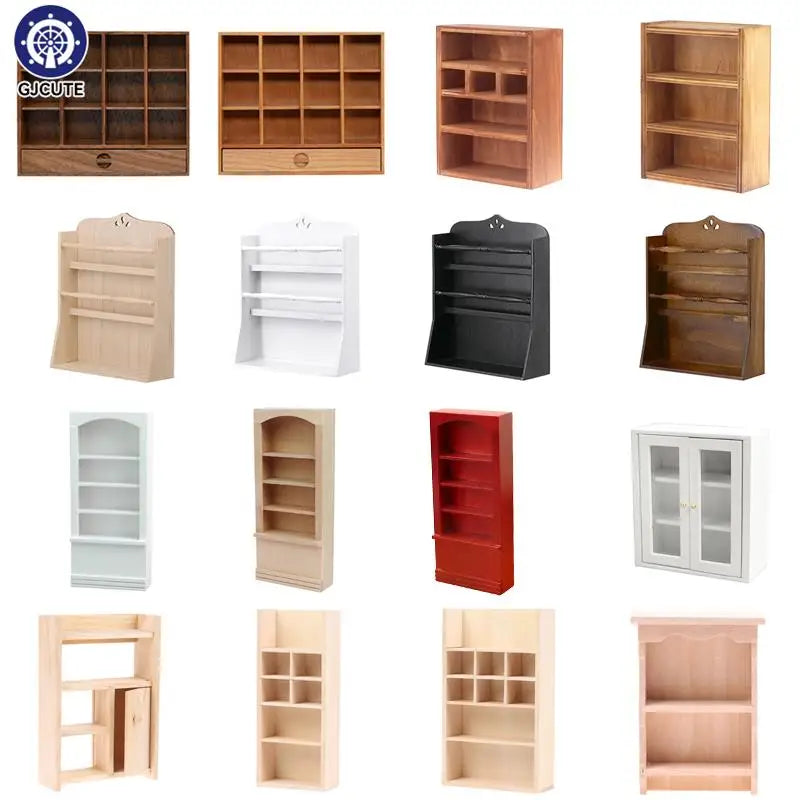 1Pcs Dollhouse Miniature Bookcase Storage Rack Mini Wood Cherry Display Shelf Cabinet Cupboard Doll House Furniture Model Toys