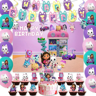 Gabby Dollhouse Cats Birthday Party Supplies Disposable Tableware Plates Cup Napkin Banner Tablecloth Cake Decoration Kids Gifts