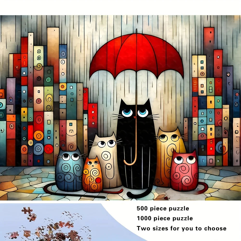Cats Under Red Umbrella in City Rain Jigsaw Puzzle Adult Whimsical Theme Intellectual Game Home Leisure Decorative Puzzle Toy