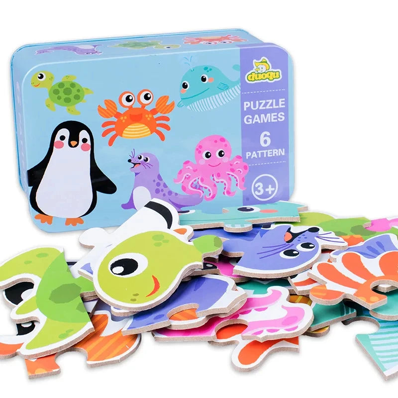 Baby Puzzle Montessori Educational Toys Wood Puzzle Animal Matching Games Iron Box Wooden Puzzles For Children Kids 2 3 4 Years