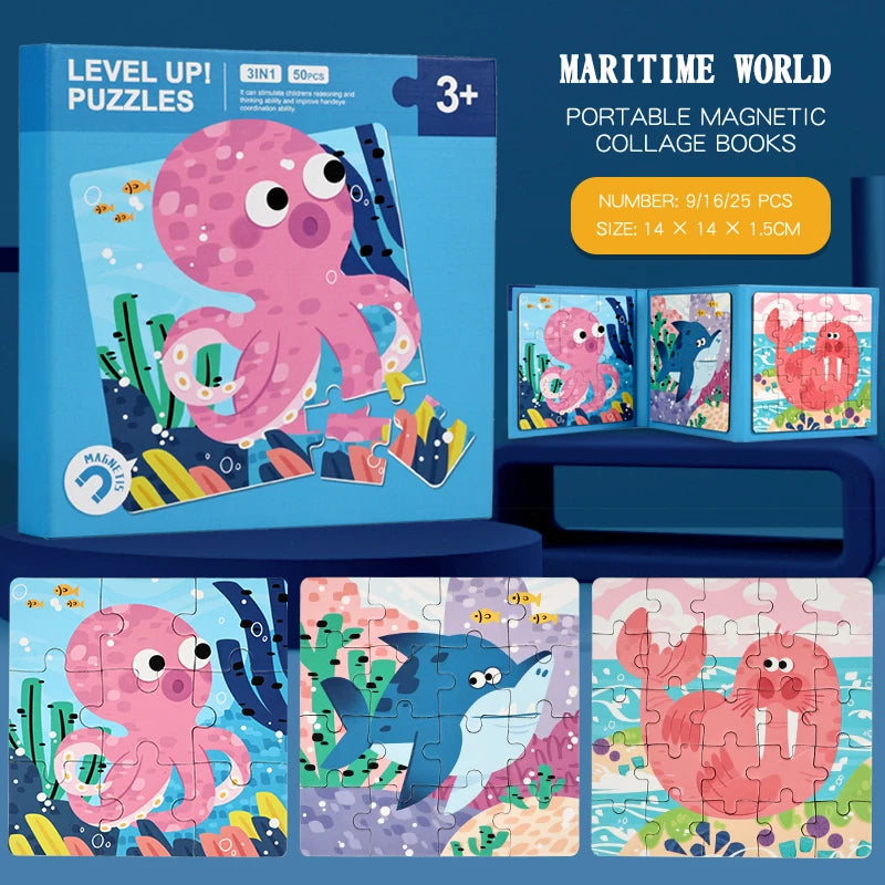 New Kids Magnetic Puzzle Games - Quiet Cartoon Animal Jigsaw Book Montessori Baby Educational Toy Early Learning Children's Gift