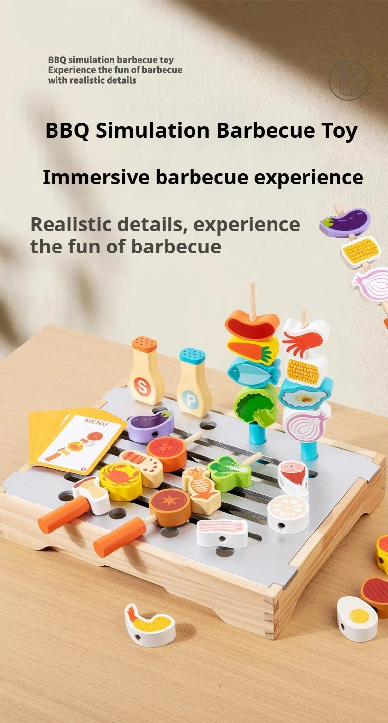 Montessori Wooden Pretend Play Kitchen Toys Dessert Puzzle Toys Simulation Barbecue Pretend Role Indoor Game For Toddlers Age 3+