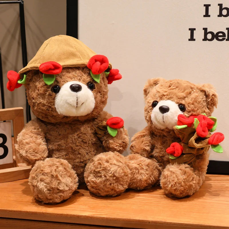 15/25CM Kawaii Cartoon Anime Love Rose Hat Bear Stuffed Animal Plush Toy Children's Couple Bear Handmade Doll Festival Gift