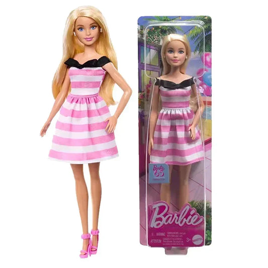Original Barbie Dolls Fashionistas Black Wavy Hair Pink Gingham Dress Accessories Fashion Gifts Toys for Girls 65th Anniversary