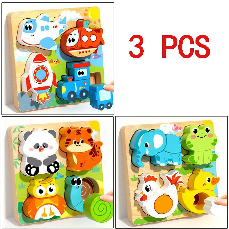 4-in-1 Wooden Toys 3D Wood Puzzle Cartoon Animals Cognitive Jigsaw Puzzle Early Learning Educational Toys For Children Gift
