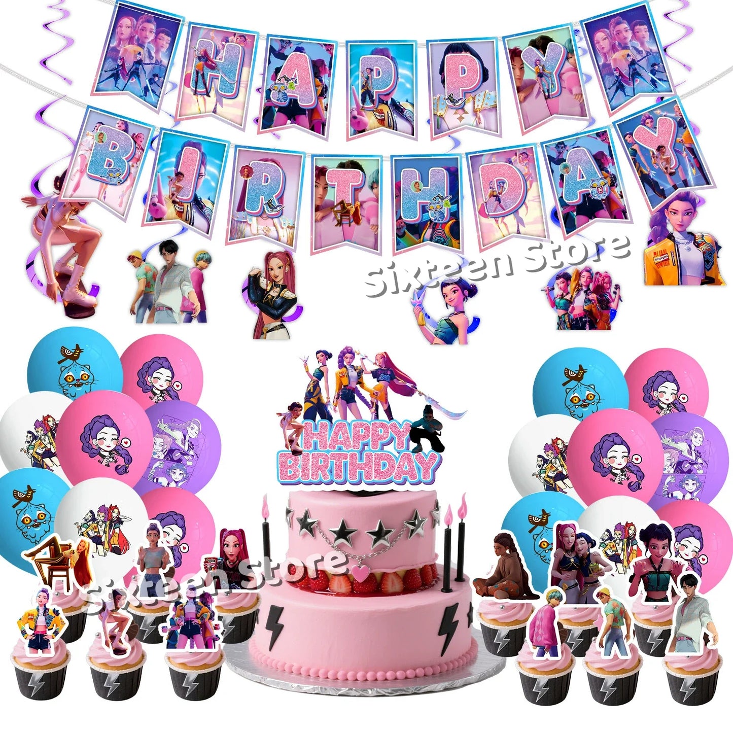 Demones Hunt Cartoon Anime Party Supplies Cutlery Set with Warrior Banner Plate Cake Topper K--Pop Cup for Birthday Party supply