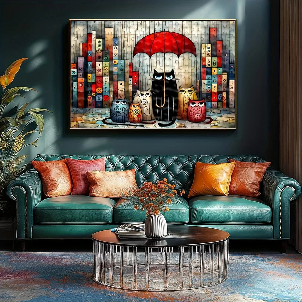 Cats Under Red Umbrella in City Rain Jigsaw Puzzle Adult Whimsical Theme Intellectual Game Home Leisure Decorative Puzzle Toy