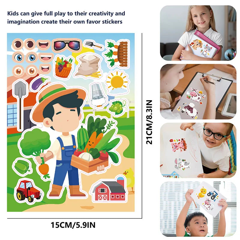 Farm Animal Make a Face Sticker Sheets for Kids Todders Activities Cute Cartoon Puzzle Stickers Birthday Party Favor Crafts Toys