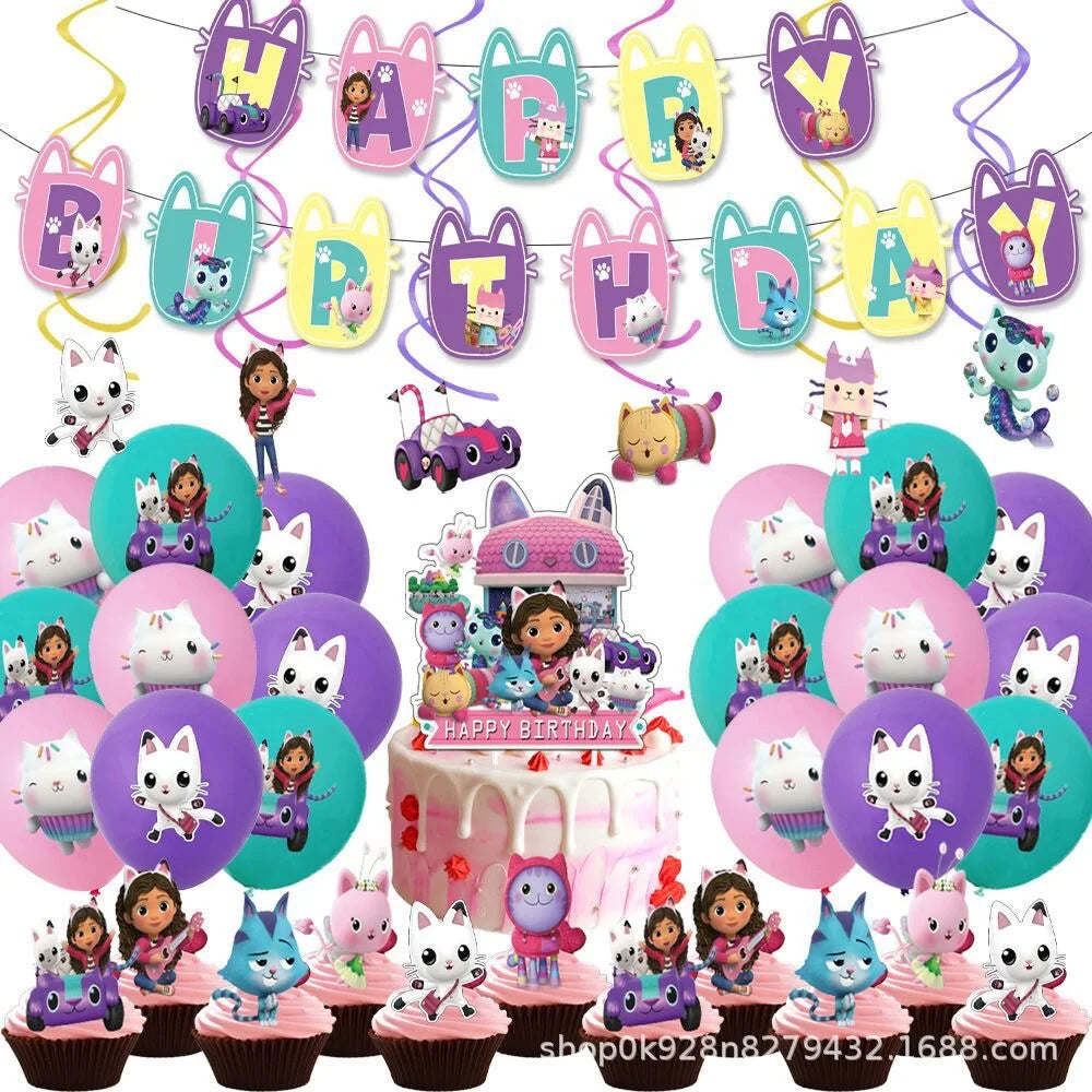 Gabby Dollhouse Cats Birthday Party Supplies Disposable Tableware Plates Cup Napkin Banner Tablecloth Cake Decoration Kids Gifts