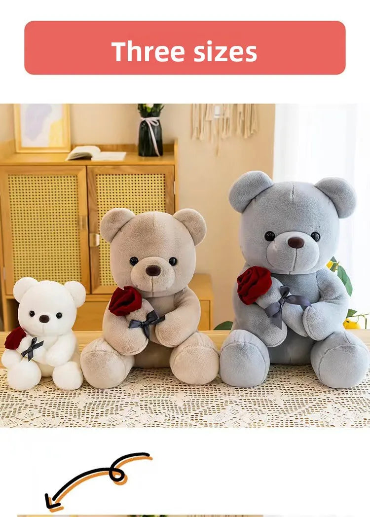Cute Rose Bear Plush Toy Stuffed Animal Doll Romantic Gift for Girlfriend Valentines Day Birthday Anniversary Present