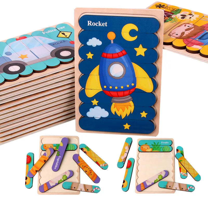 Double Sided Strip 3D Puzzles Baby Toy Wooden Montessori Materials Educational Toys For Children Large Bricks Kids Learning Toys