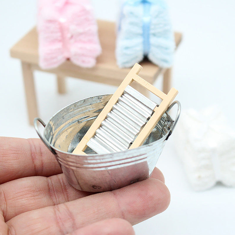1:12 Dollhouse Miniature Washboard Iron Bucket Bathroom Model Decor Toy Doll House Accessories