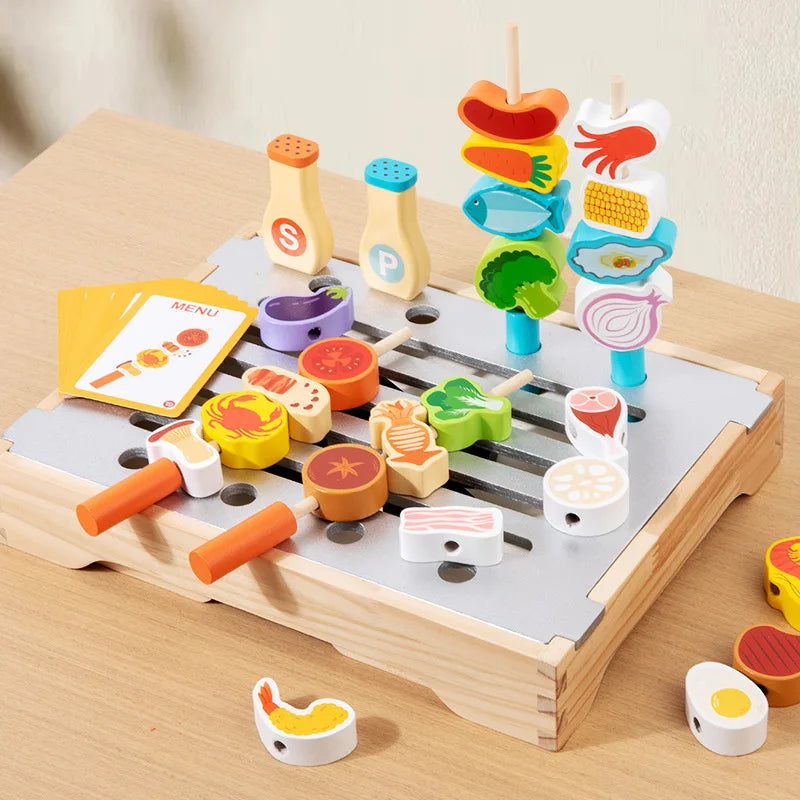 Montessori Wooden Pretend Play Kitchen Toys Dessert Puzzle Toys Simulation Barbecue Pretend Role Indoor Game For Toddlers Age 3+