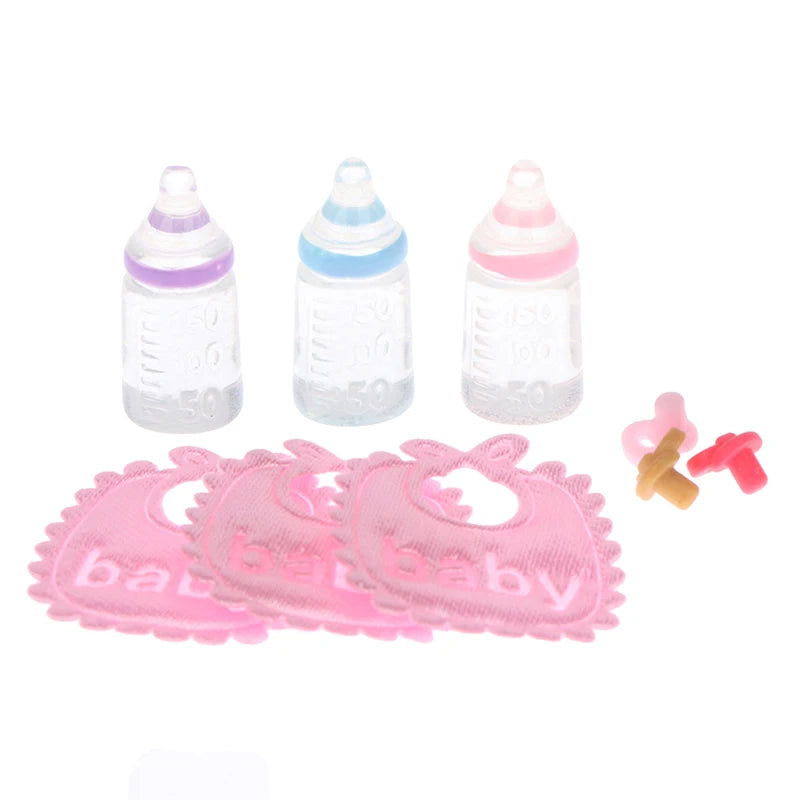 1set 1:12 Dolls House Miniature Baby Bottles Shampoo Bibs Set Nursery Accessory Gift Baby Bottles Set