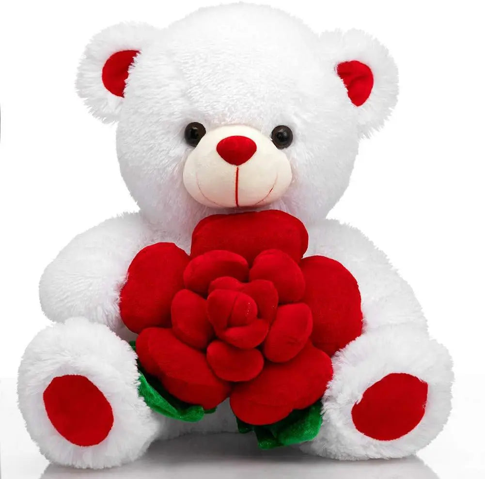 Valentines Day Bear Holding Rose Plush Toy Stuffed Animal Birthday Present for Girlfriend Wife Romantic Keepsake Home Decor Doll