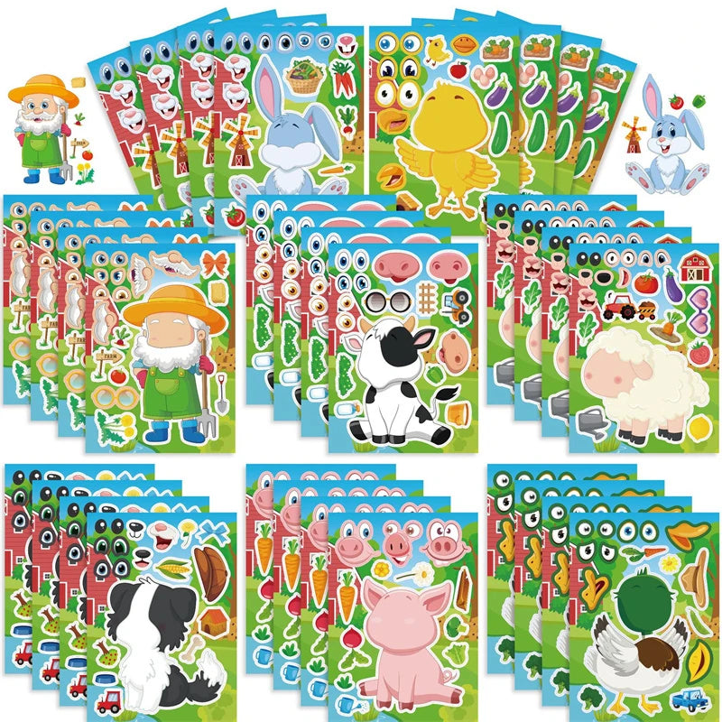 Farm Animal Make a Face Sticker Sheets for Kids Todders Activities Cute Cartoon Puzzle Stickers Birthday Party Favor Crafts Toys