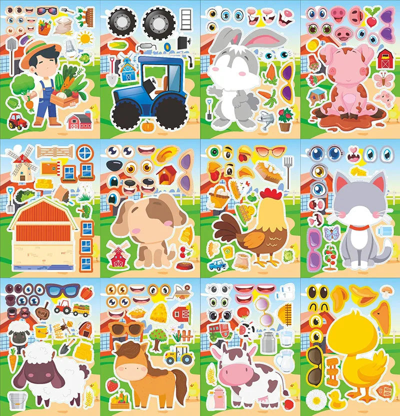 Farm Animal Make a Face Sticker Sheets for Kids Todders Activities Cute Cartoon Puzzle Stickers Birthday Party Favor Crafts Toys