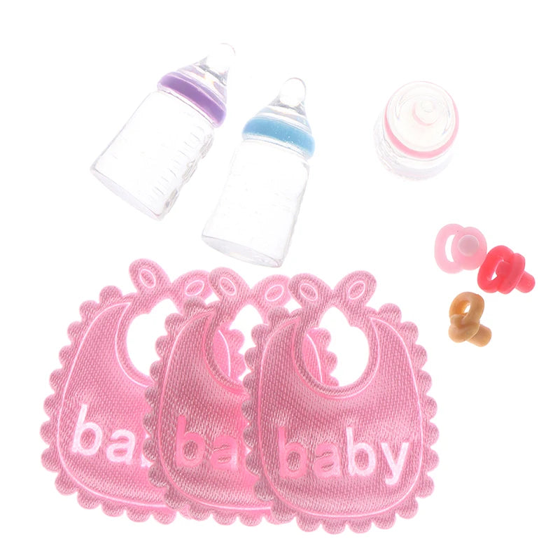 1set 1:12 Dolls House Miniature Baby Bottles Shampoo Bibs Set Nursery Accessory Gift Baby Bottles Set