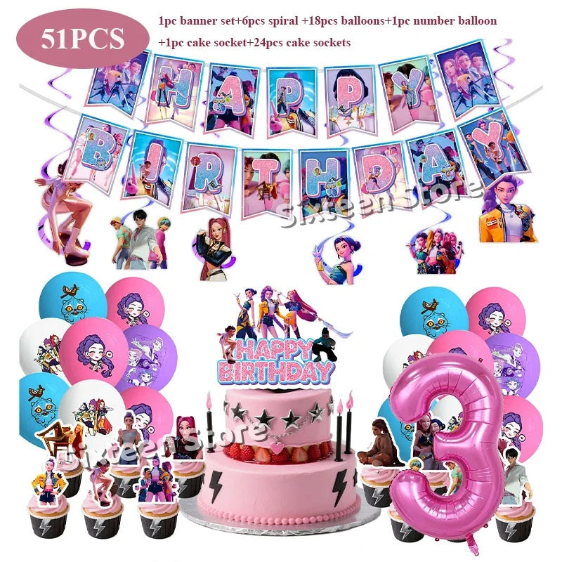 Demones Hunt Cartoon Anime Party Supplies Cutlery Set with Warrior Banner Plate Cake Topper K--Pop Cup for Birthday Party supply