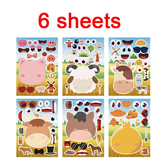 Farm Animal Make a Face Sticker Sheets for Kids Todders Activities Cute Cartoon Puzzle Stickers Birthday Party Favor Crafts Toys