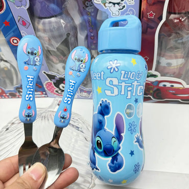 Disney Stitch Mcqueen 95 Car Water Bottle Set Cartoon Cute Children'S Spoon Fork Water Cup Kids Outdoors Portable Tableware Gift