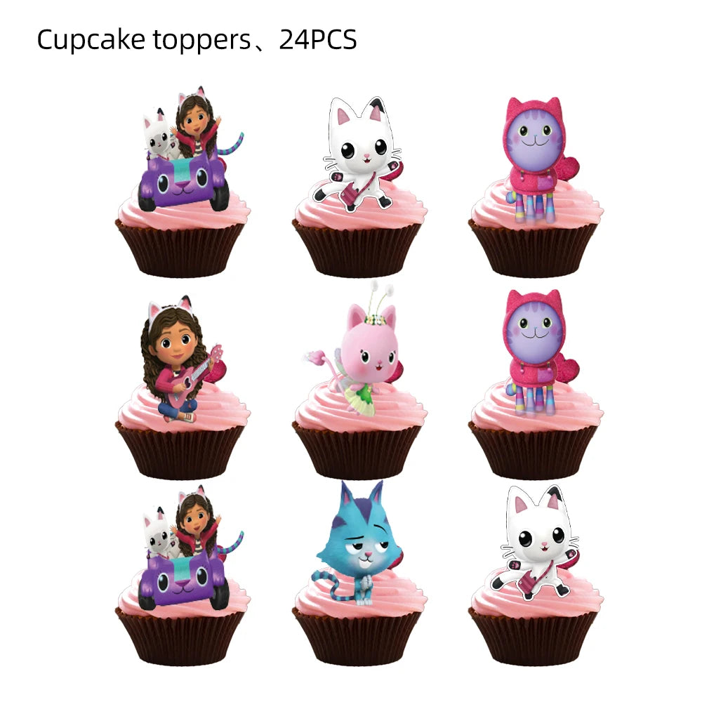 Gabby Dollhouse Cats Birthday Party Supplies Disposable Tableware Plates Cup Napkin Banner Tablecloth Cake Decoration Kids Gifts