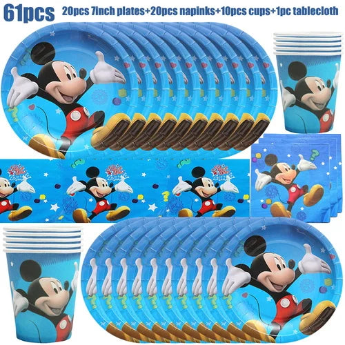 Mickey Mouse Birthday Party Decoration Blue Mickey Tableware Cups Plates Balloons Backdrop Pannents Gift Bag Kids Party Supplies