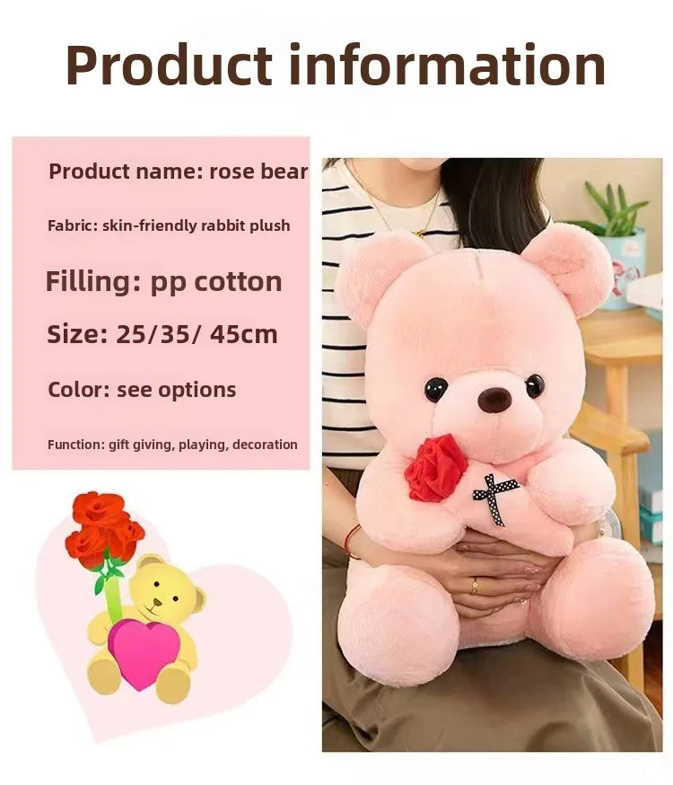 Cute Rose Bear Plush Toy Stuffed Animal Doll Romantic Gift for Girlfriend Valentines Day Birthday Anniversary Present