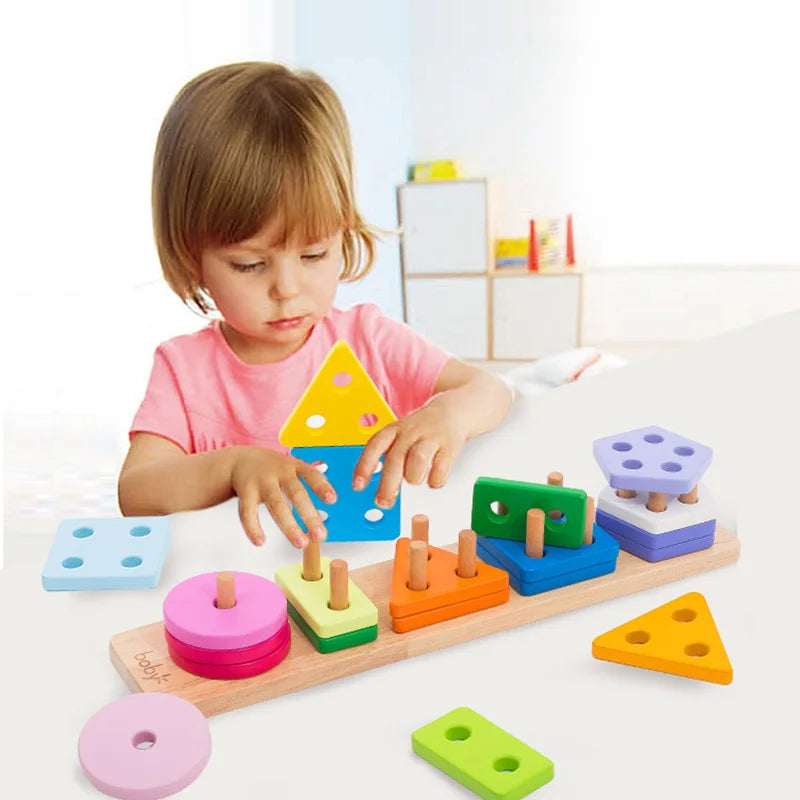 Kids Wooden Column Toys Building Blocks ﻿Geometric Shape Cognitive Montessori Early Childhood Education Intelligence Toy TMZ