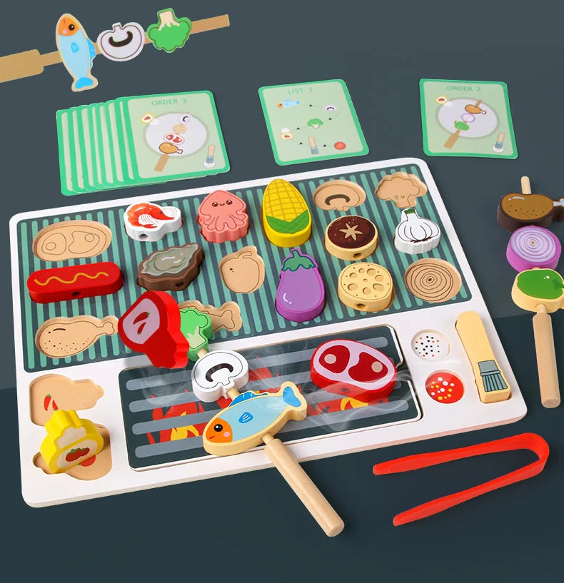 Montessori Wooden Pretend Play Kitchen Toys Dessert Puzzle Toys Simulation Barbecue Pretend Role Indoor Game For Toddlers Age 3+
