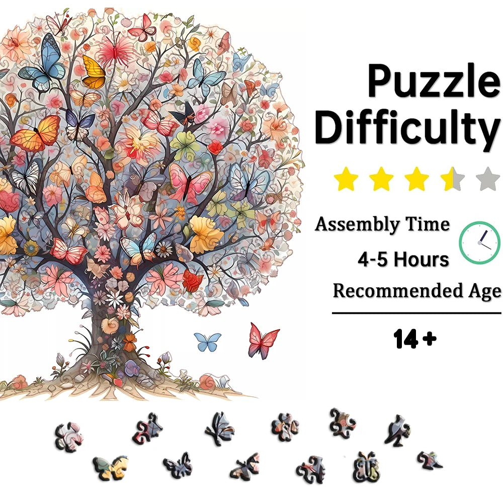Adult Wooden Puzzle - Unique Animal Shaped Puzzle - Tree of Life Butterfly Puzzle - Creative Gift for Teenagers and Adults
