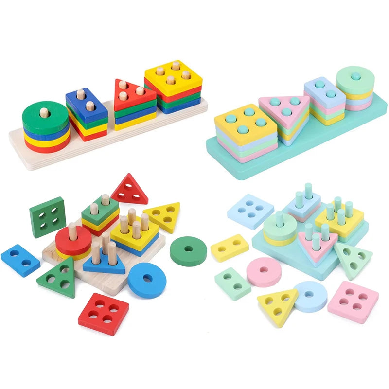 Kids Wooden Column Toys Building Blocks ﻿Geometric Shape Cognitive Montessori Early Childhood Education Intelligence Toy TMZ