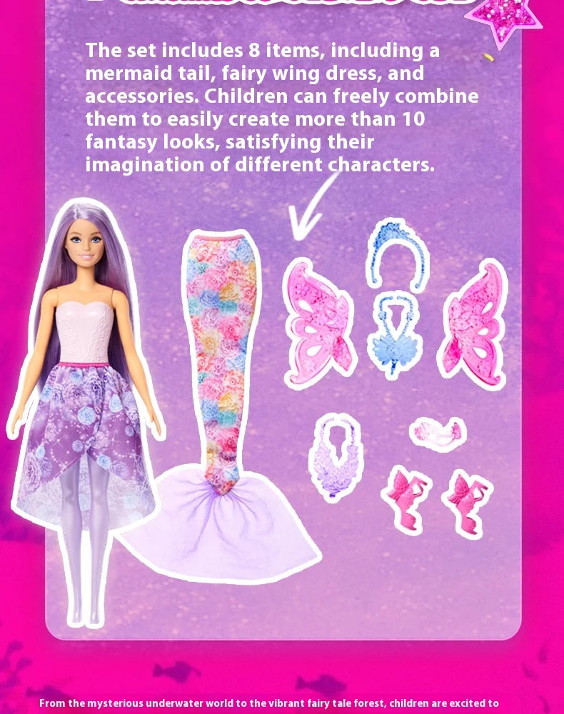 Original Barbie Doll Princess Costume Playset Children's Dress-Up Toy Fairy Tale Series Mermaid Storytime Girls Imaginative Play