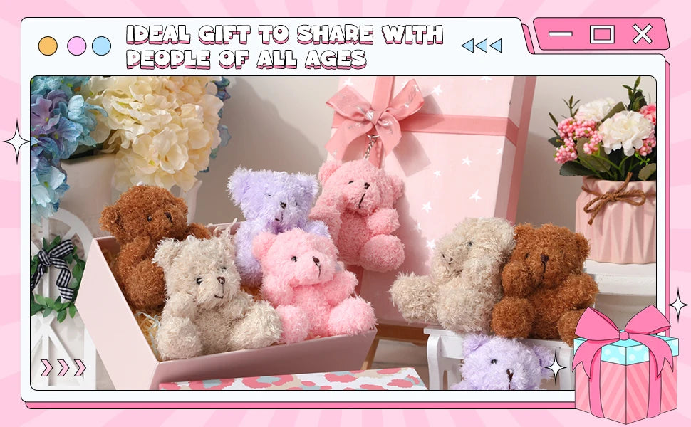12-96PCS Mini Bear Plush Stuffed Small Teddy Bear Bulk Animal Toy Bear Doll Keychain for Baby Shower Birthday Gifts Party Favors