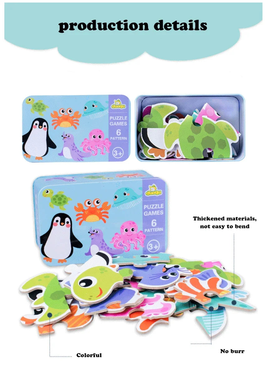 Baby Puzzle Montessori Educational Toys Wood Puzzle Animal Matching Games Iron Box Wooden Puzzles For Children Kids 2 3 4 Years