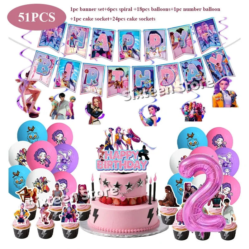 Demones Hunt Cartoon Anime Party Supplies Cutlery Set with Warrior Banner Plate Cake Topper K--Pop Cup for Birthday Party supply