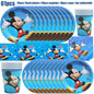 Mickey Mouse Birthday Party Decoration Blue Mickey Tableware Cups Plates Balloons Backdrop Pannents Gift Bag Kids Party Supplies