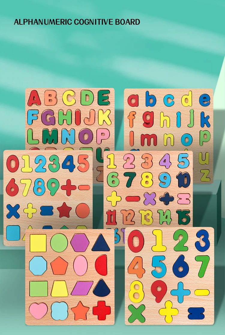 Kids Alphabetic Arithmetic Number Geometric Shapes Wooden Puzzle Montessori Preschool Learning Educational Game Toy for Children