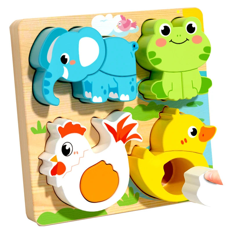 4-in-1 Wooden Toys 3D Wood Puzzle Cartoon Animals Cognitive Jigsaw Puzzle Early Learning Educational Toys For Children Gift