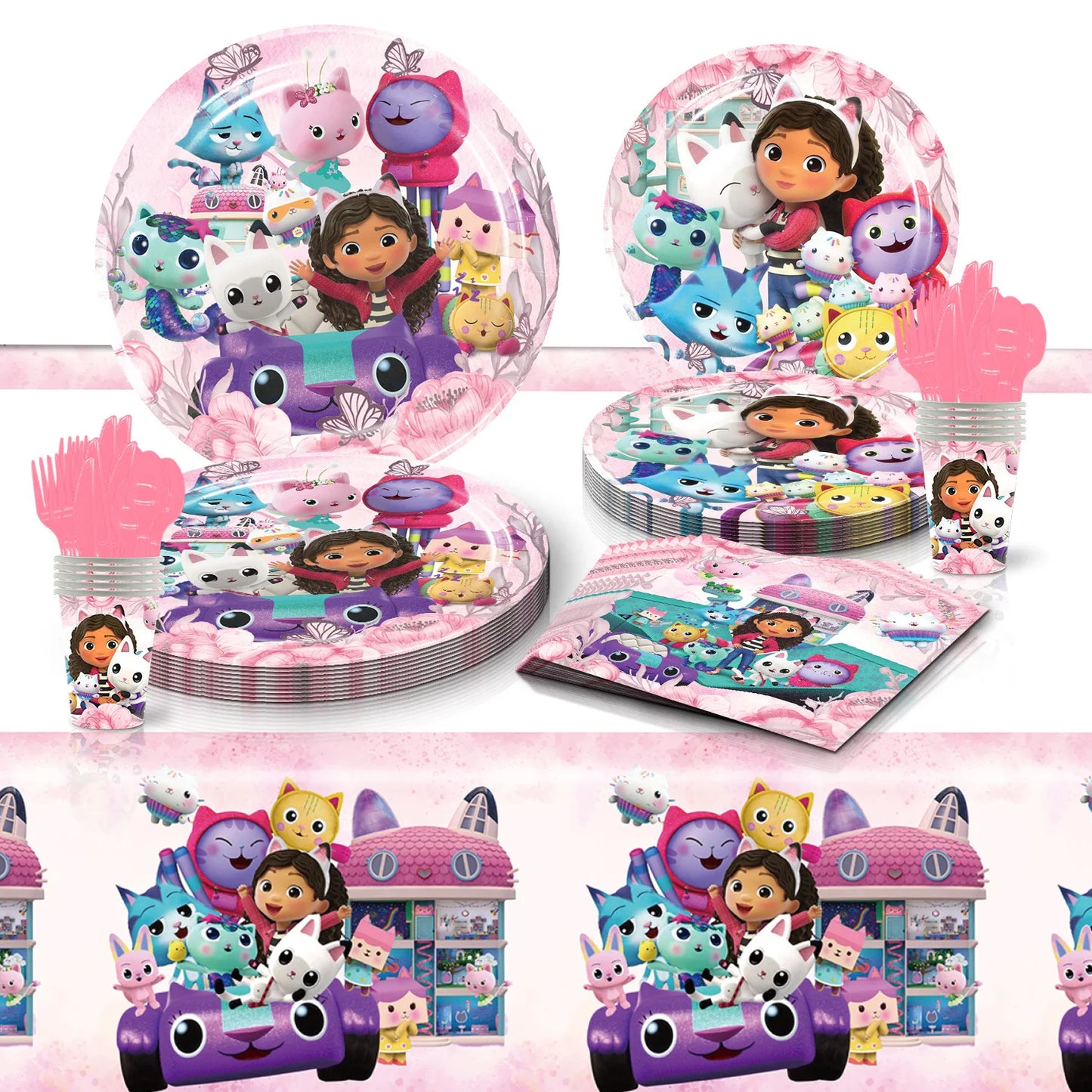 Gabby Dollhouse Cats Birthday Party Supplies Disposable Tableware Plates Cup Napkin Banner Tablecloth Cake Decoration Kids Gifts