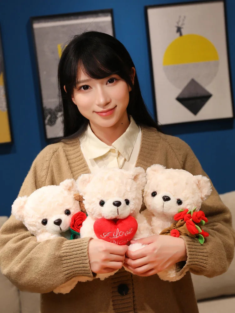 15/25CM Kawaii Cartoon Anime Love Rose Hat Bear Stuffed Animal Plush Toy Children's Couple Bear Handmade Doll Festival Gift